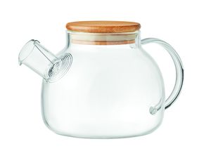Tisanière en verre borosilicaté avec infuseur en acier inoxydable et couvercle en bambou. Contenance 850 ml. Dimension 19 x 13 x 11cm