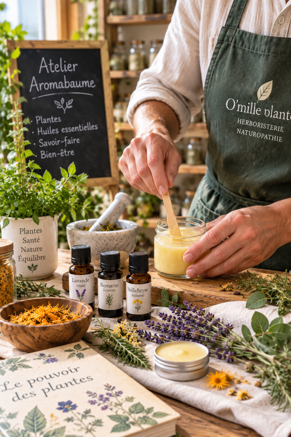 Atelier Aromabaume à Chambéry, fabrication d’un baume naturel aux plantes et huiles essentielles